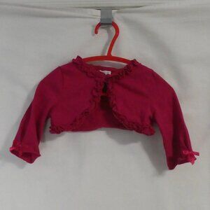 Pink Cropped Single Button-Up Front Cardigan With Ruffle Trim and Bow Detail